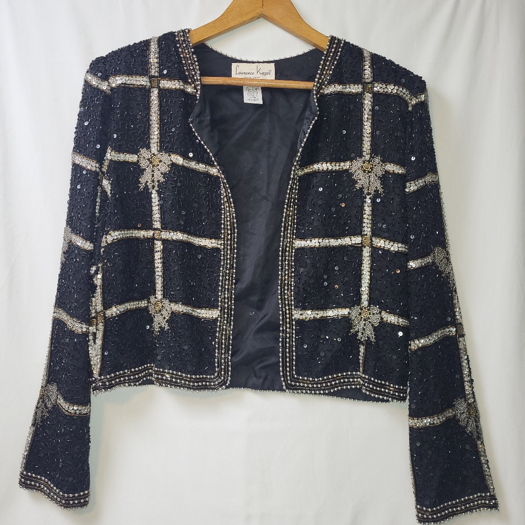 Lawrence Kazar Bow Beaded Cropped Blazer Size Large Petite Festive Christmas
